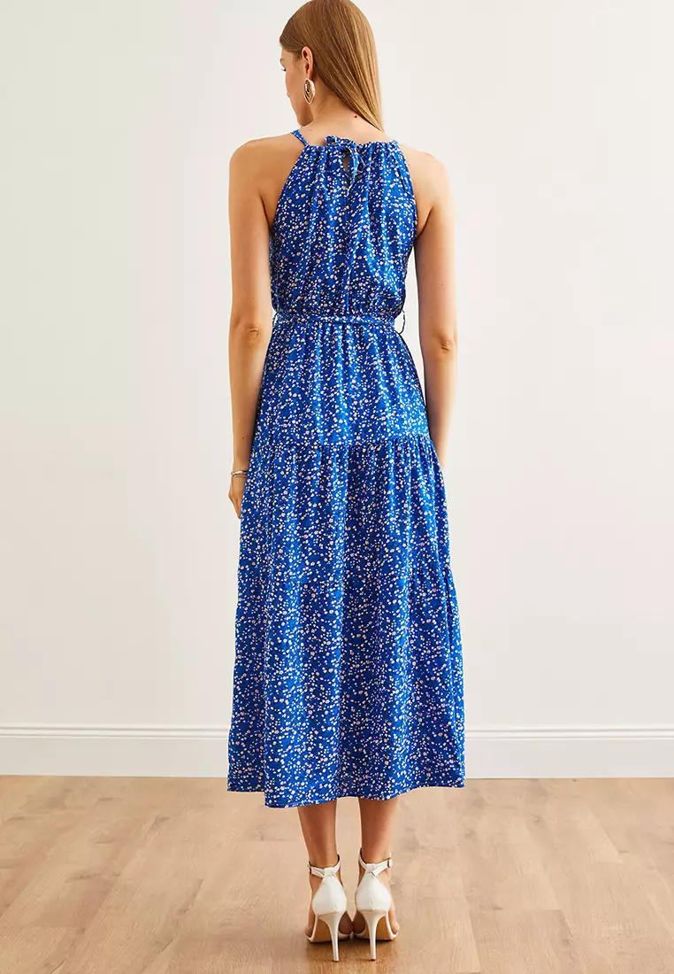 Halter Neck Belted Woven Viscose Dress