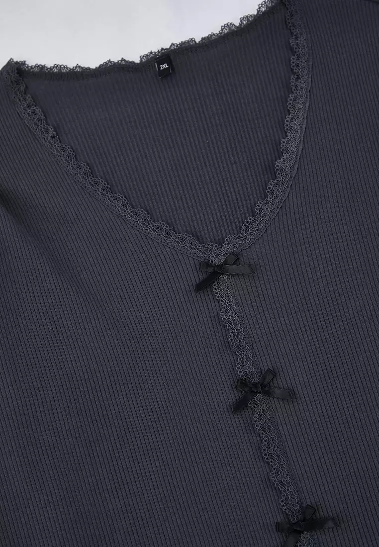Anthracite Cotton Lace And Ribbon/Bow Detail Corded Fabric Knitted Pajamas Set Tbbaw26Ai00021