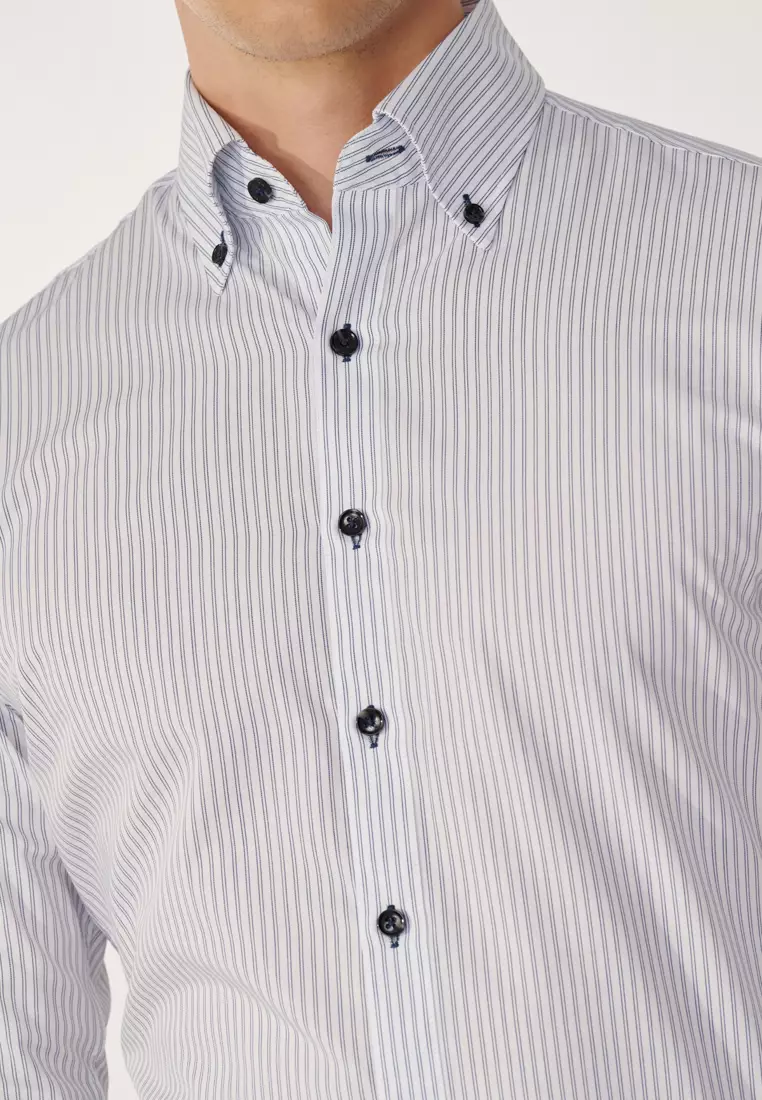 SST&C Navy Blue Striped Classic Fit Shirt 2025 | Buy SST&C