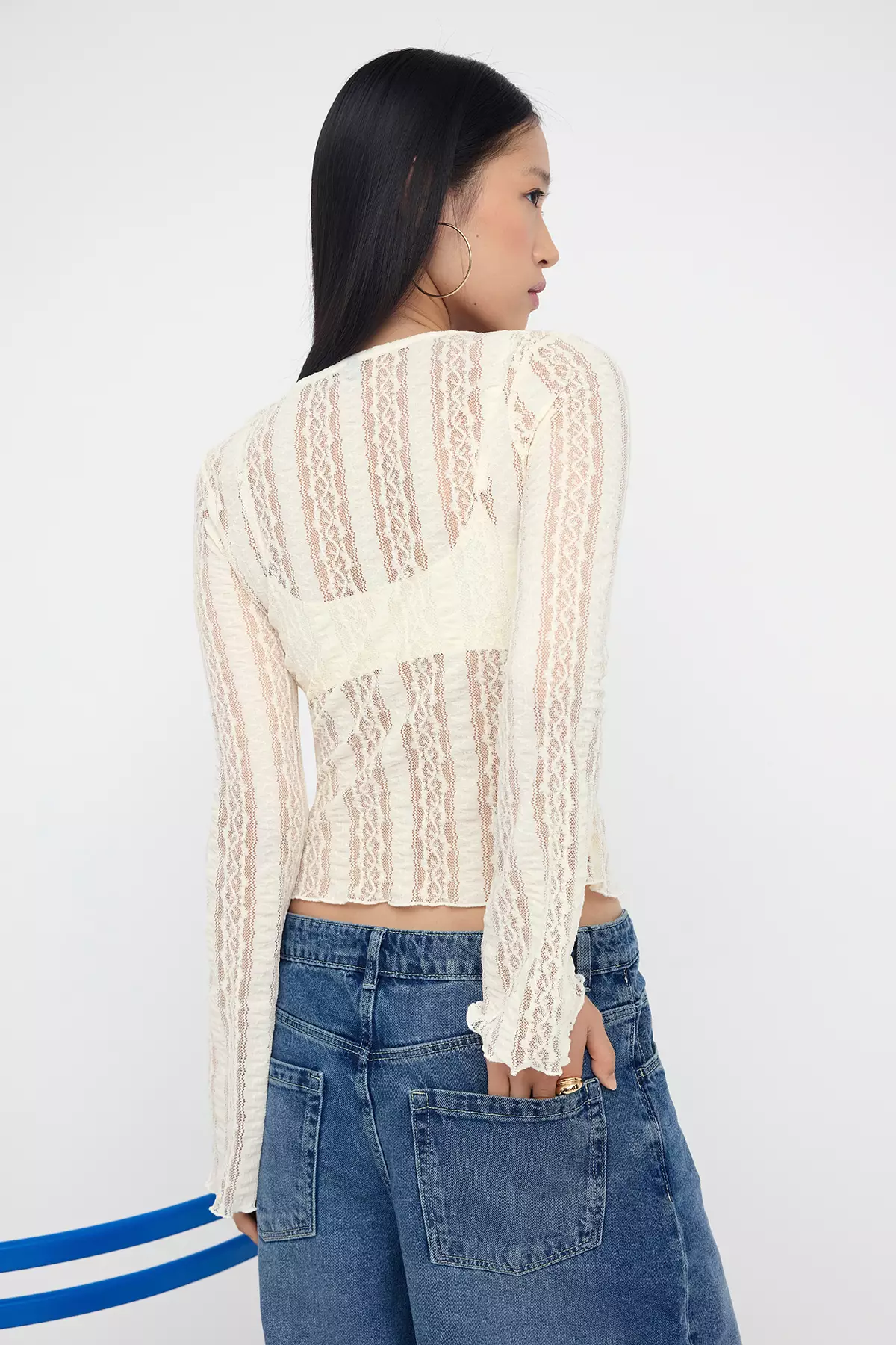 Teen Ecru Y-Neck Textured Bell Sleeve Knitted Blouse Twoaw26Bz00082