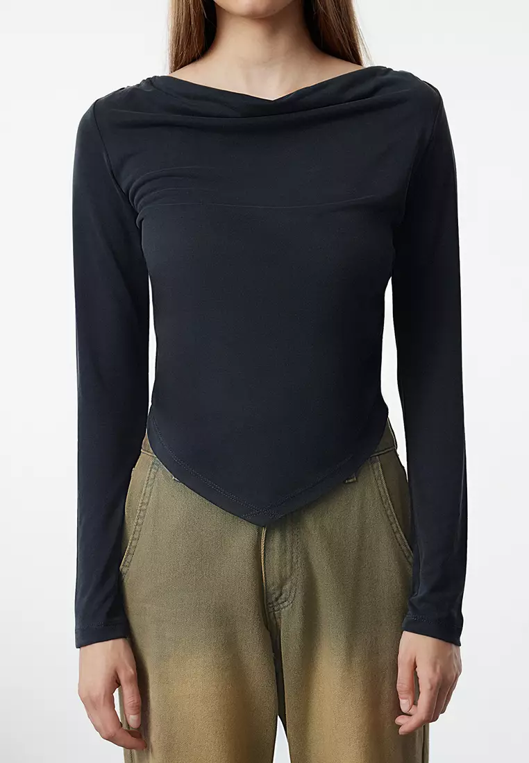 Degaje Collar And Draped Padded Asymmetrical Knitted Blouse Anthracite Modal