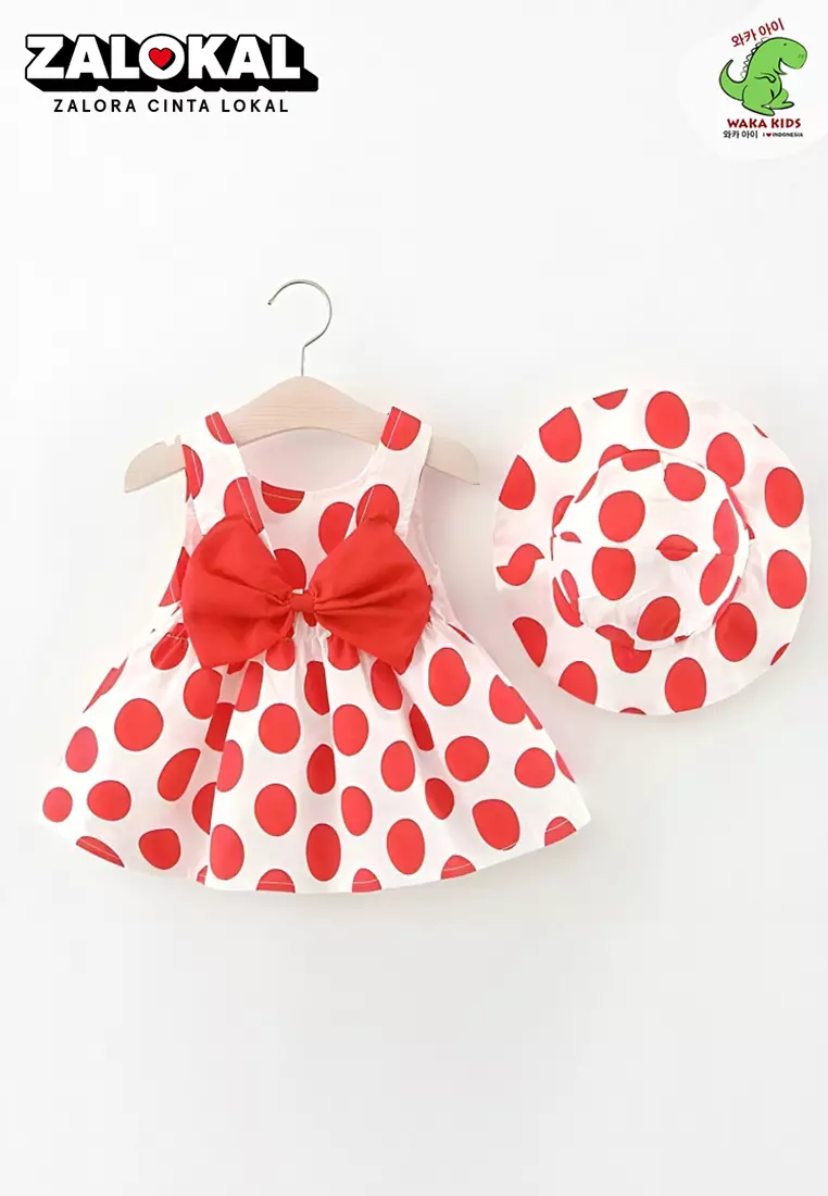 Wakakids Dress Bayi Anak Perempuan Set dengan Topi Motif Lucu Pita Full Printing Katun 4424 Venrz Big Polka Merah