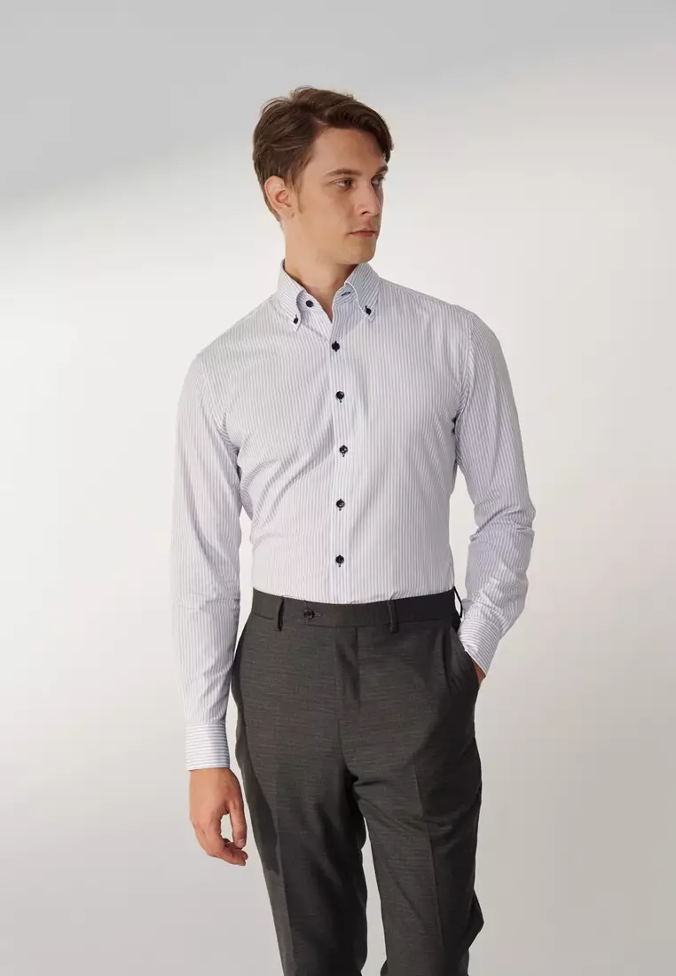 Navy Blue Striped Classic Fit Shirt