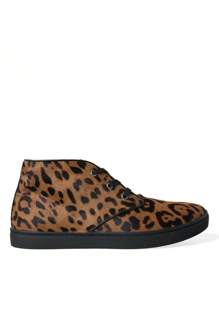 Dolce & Gabbana Brown Leopard Pony Hair Leather Sneakers Shoes