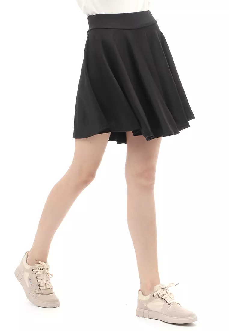 Rok Midi Bawahan Wanita Motif Solid Casual Relaxed Fit - Black