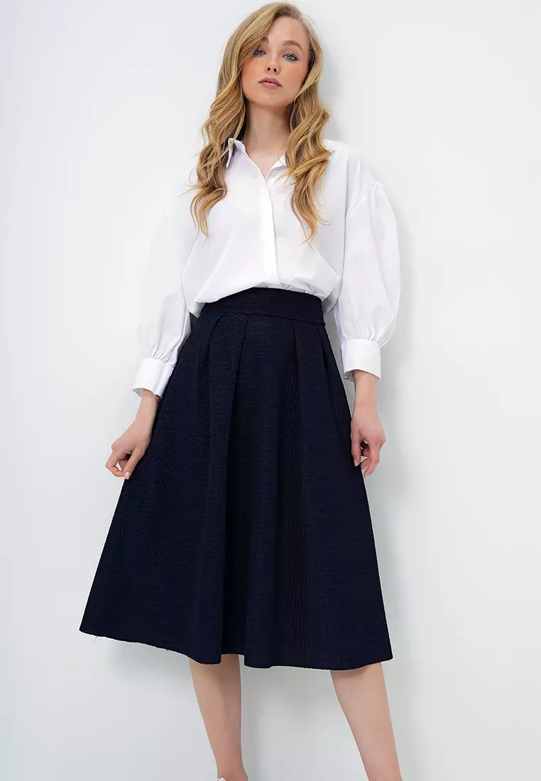 Women's Navy Blue High Waist Wide Belt Hidden Zipper Midi Length Textured Skirt Alc-X13473