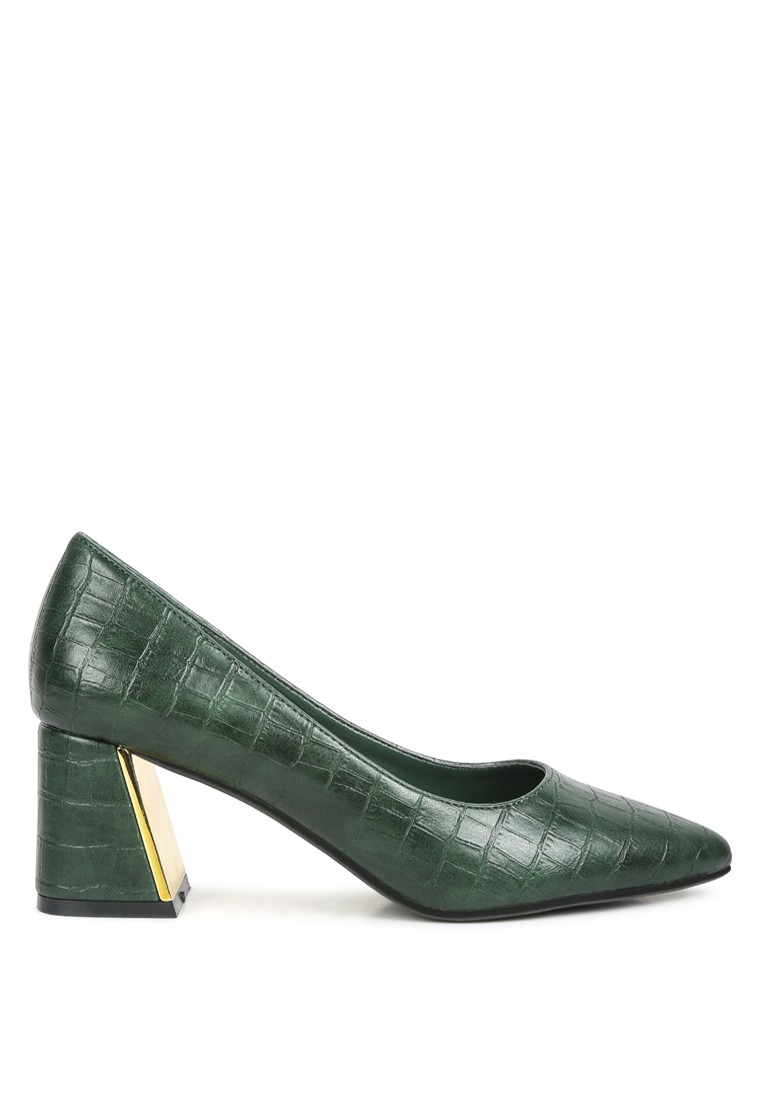 Green Croc Block Heel Pump Shoes