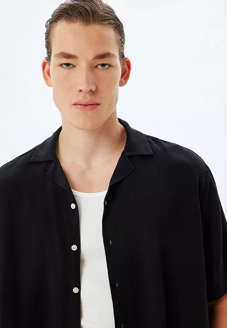 Basic Shirt Boxy Short Sleeve Buttoned Viscose Linen Blend