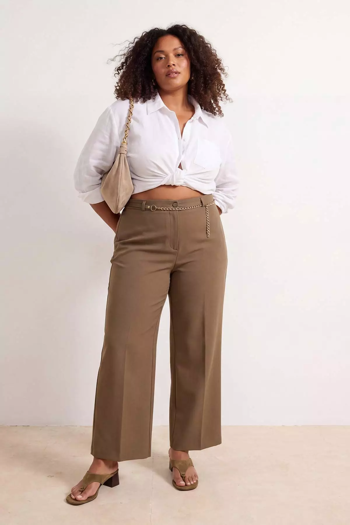 Khaki High Waist Pipe Leg Accessory Detailed Plus Size Woven Trousers Tbbss26Ar00015