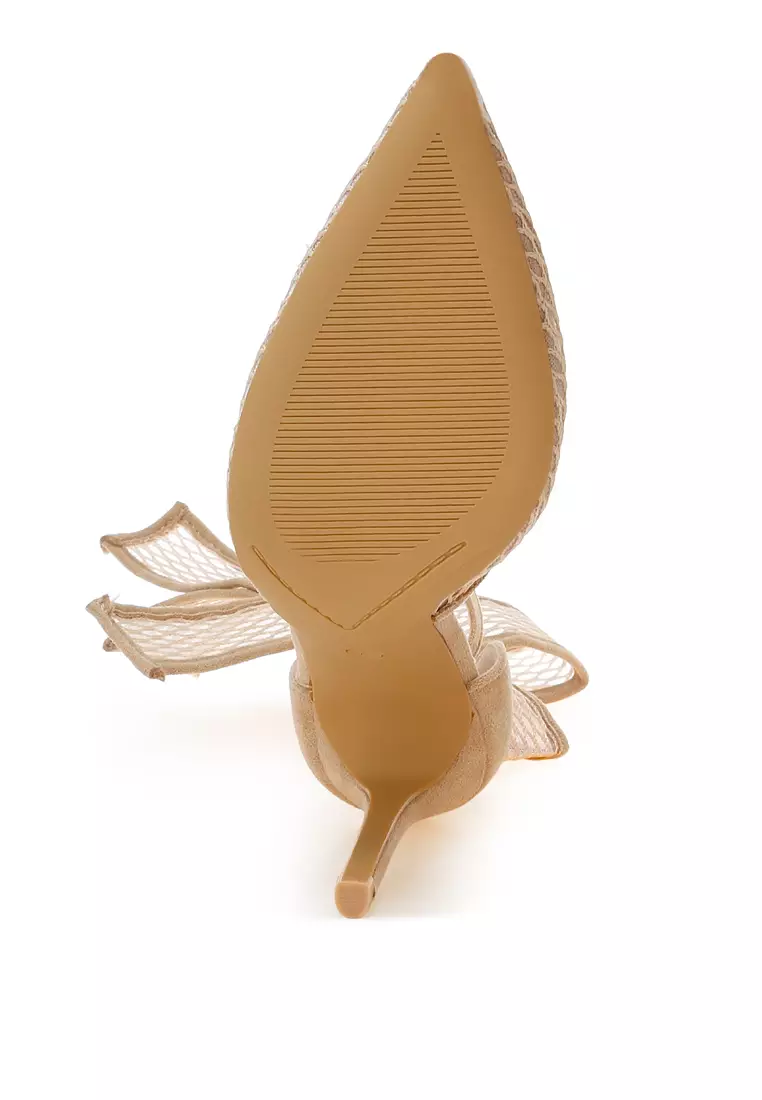 Sandal Stiletto Detail Busur Besar dalam Warna Krem