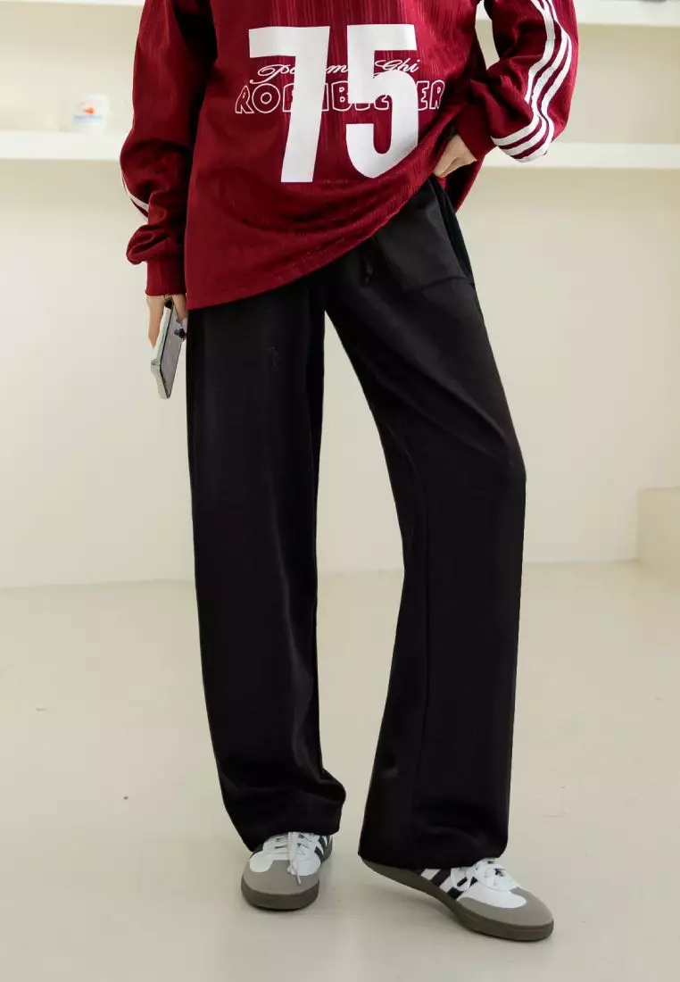 Solid Color Air-Cotton Jogger-Style Wide Straight Pants with Elastic Waist [BA7663]
