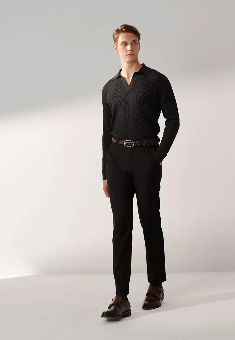 Black Slim-Fit Four-Way Stretch Casual Pants