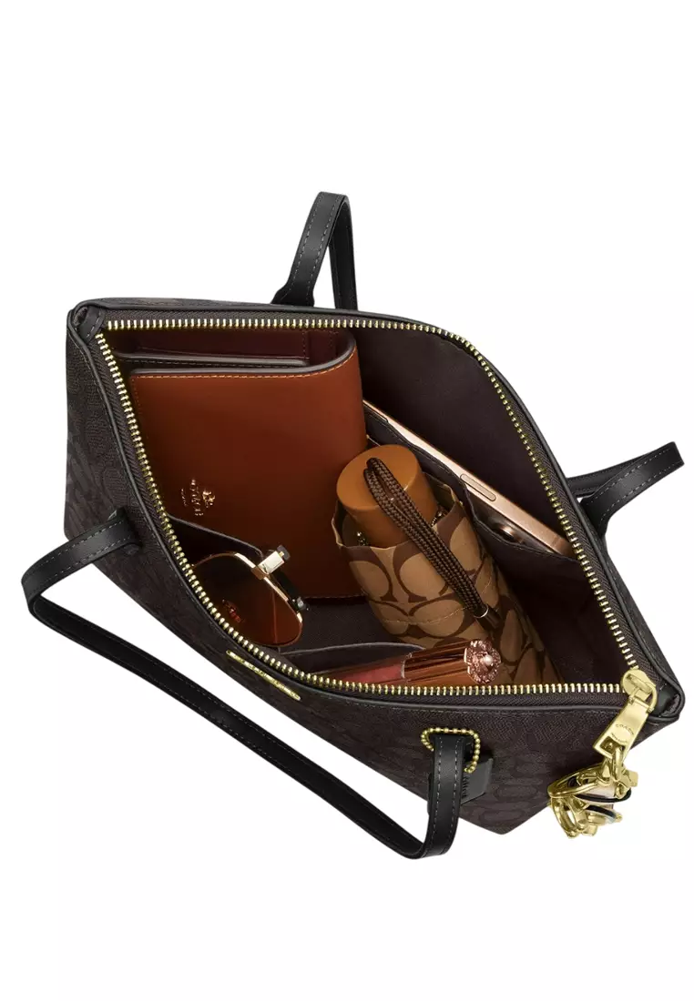 Fiona Zip Tote Bag In Signature Canvas - Walnut/Black