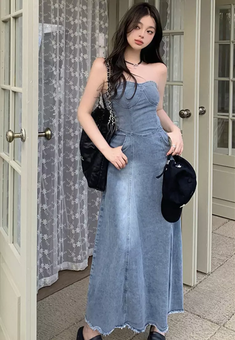 2025 S/S Sexy Slim High Waist Slim Retro Blue Tube Top Denim A-Line Long Dress CA23032137