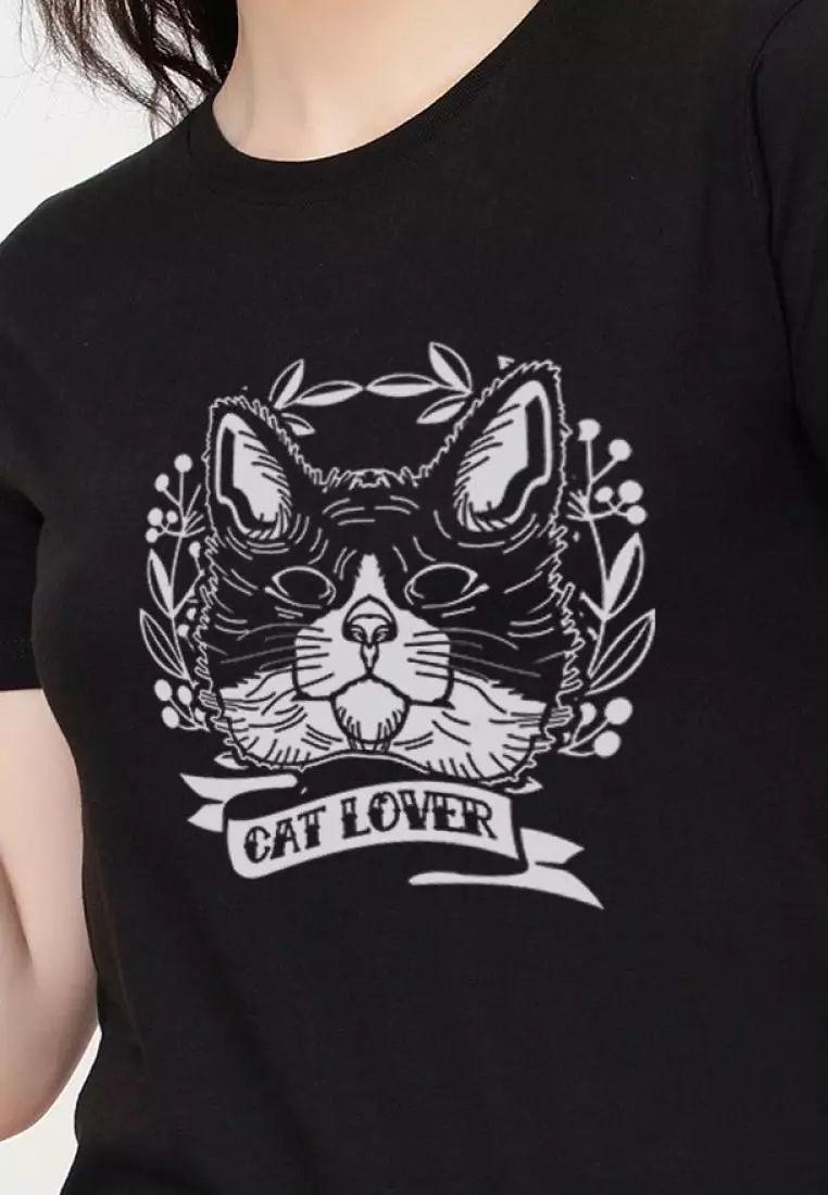 Cat Lover Relaxed Short Sleeve Stylish Black Cotton Casual Graphic Print Tee/TShirt