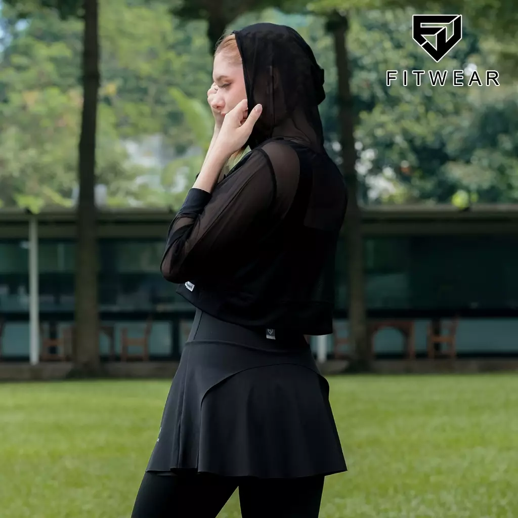 Fitwear - Croptop Jaring / Mesh / Sheer Olahraga SIERRA HOODIE - BLACK