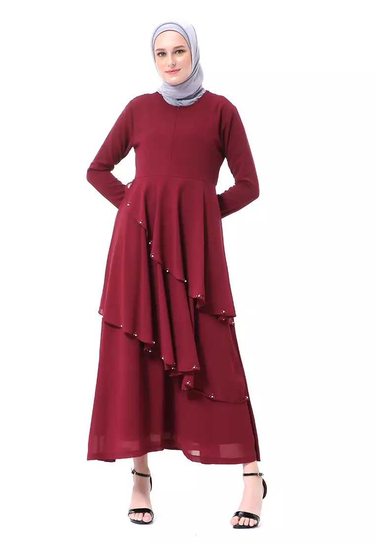 Shafira Dress Muslimah Long Sleeve Motif Polos Premium High Quality - Maroon
