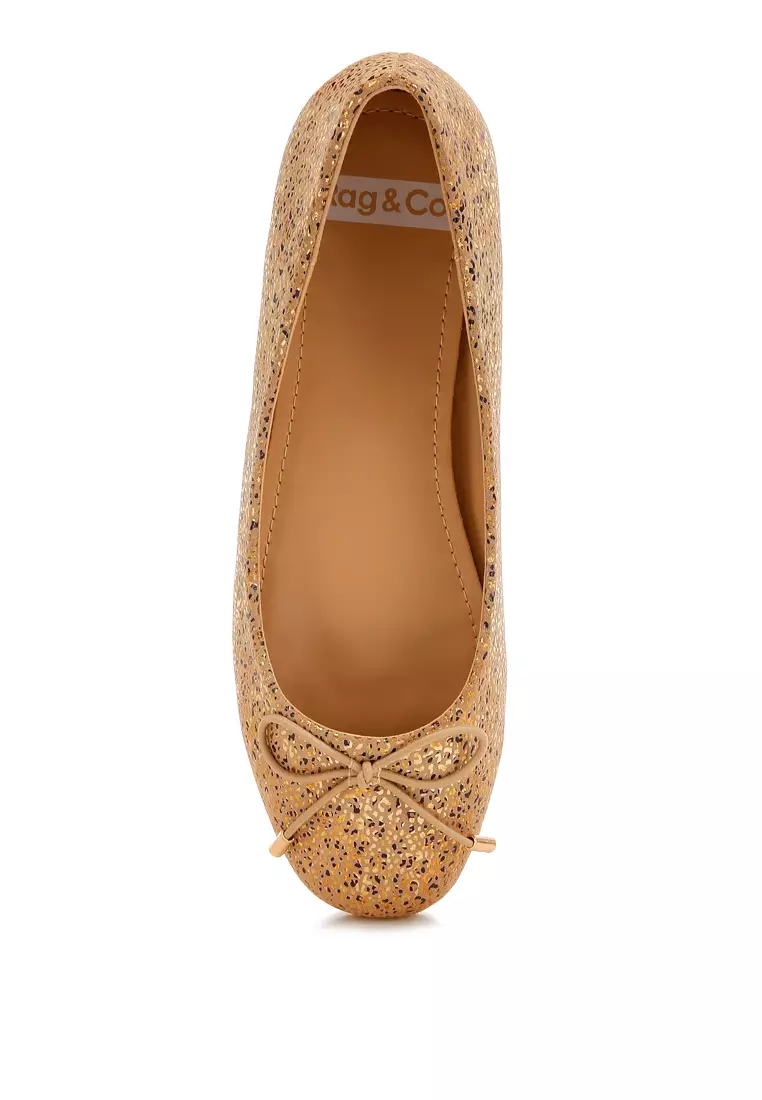 Bow Detail Embossed Suede Ballerinas Gold