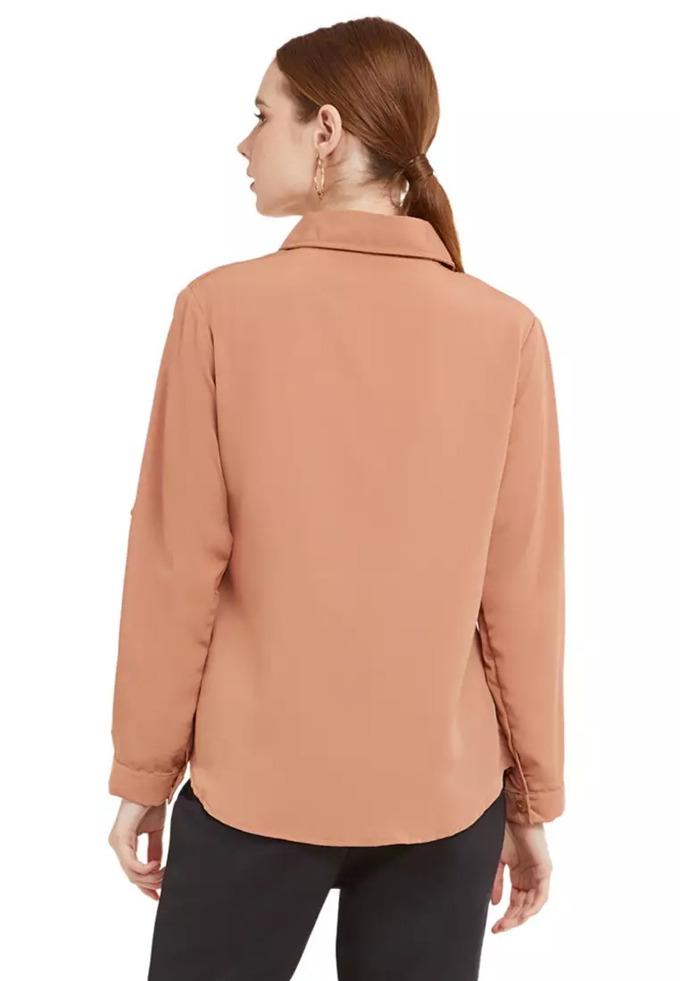 Kemeja Kerja Polos Plain Wanita Lengan Panjang Reguler Fit Premium Quality - Coklat