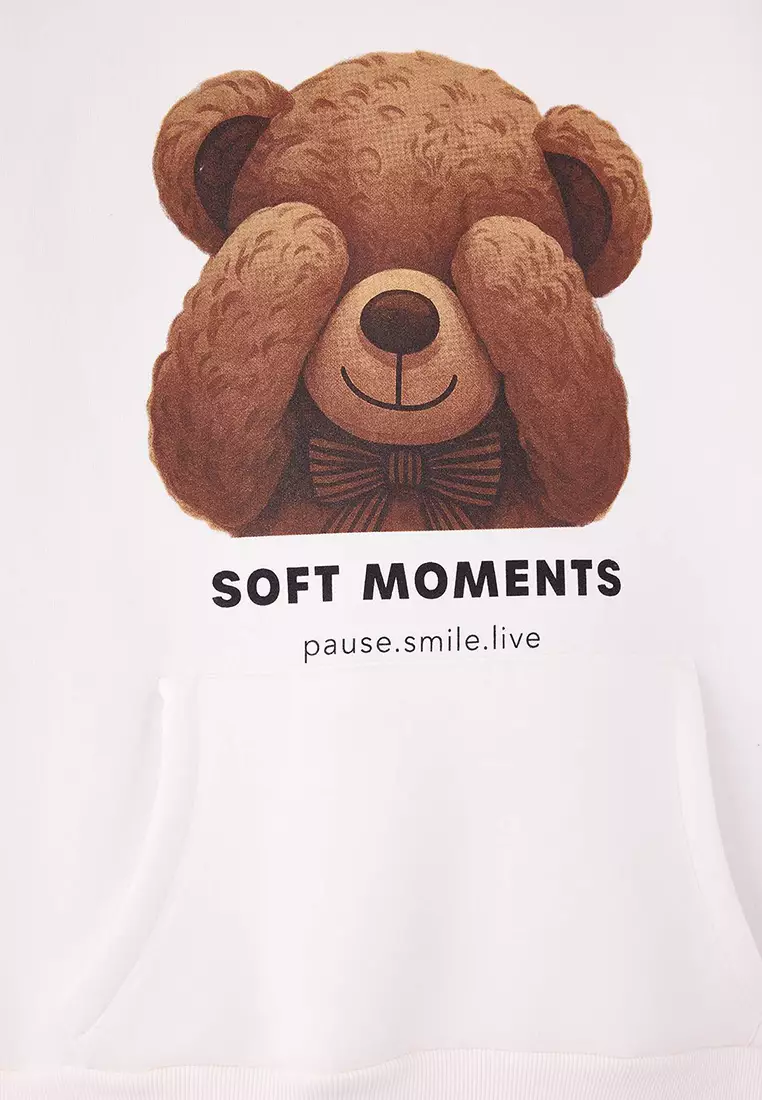 Ecru Teddy Bear Printed Oversized Large Size Sweatshirt With Fleece Inside Tbbaw26Ao00013