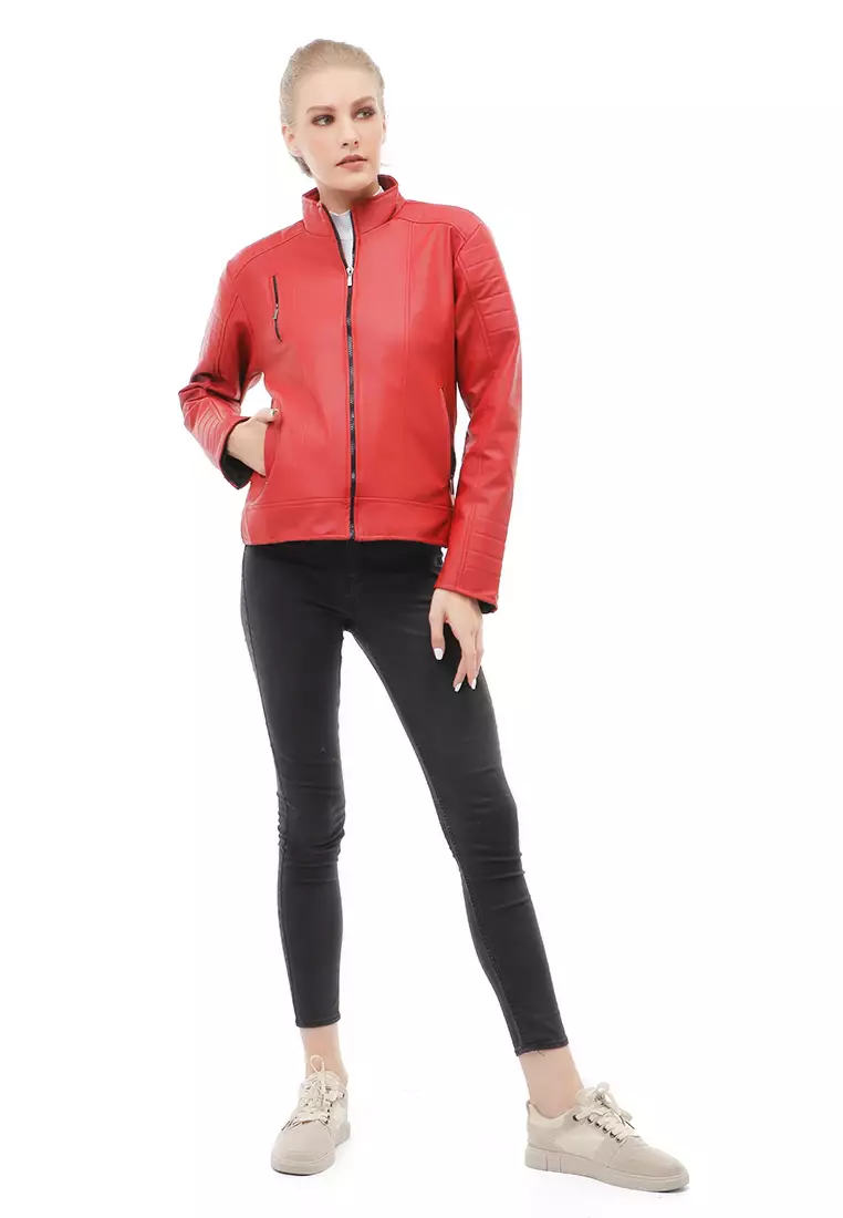 Glenice Jacket Outer Wanita Jaket Kulit Casual Simple Design Material Leather ORIGINAL - Red