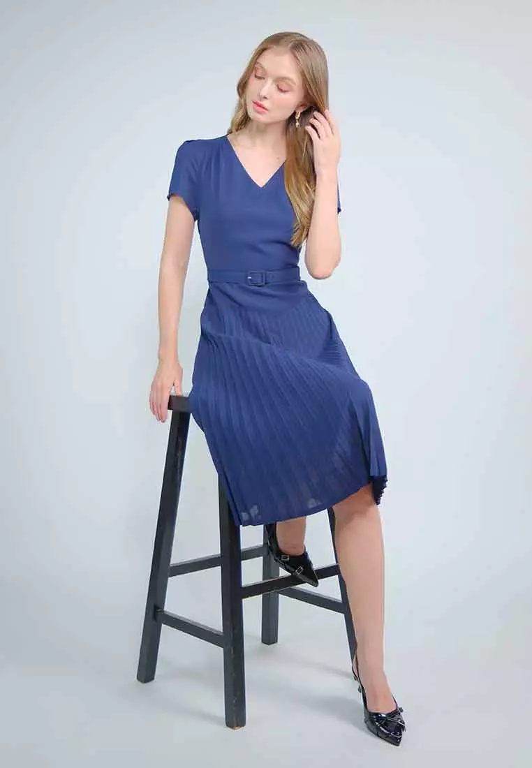 Amethyst V-neck Dress with Pleated Skirt and Adjustable Belt