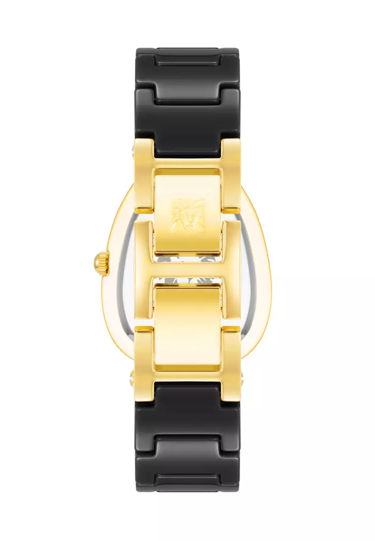 Anne Klein  AK5012GPBK0000 gold tone rectangle watch with black dial in ceramic band