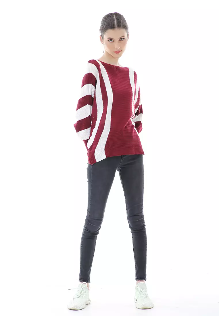 Viana Blouse Rajut Atasan Wanita Motif Zebra Stripe Oversize Jumbo Premium Quality - Maroon
