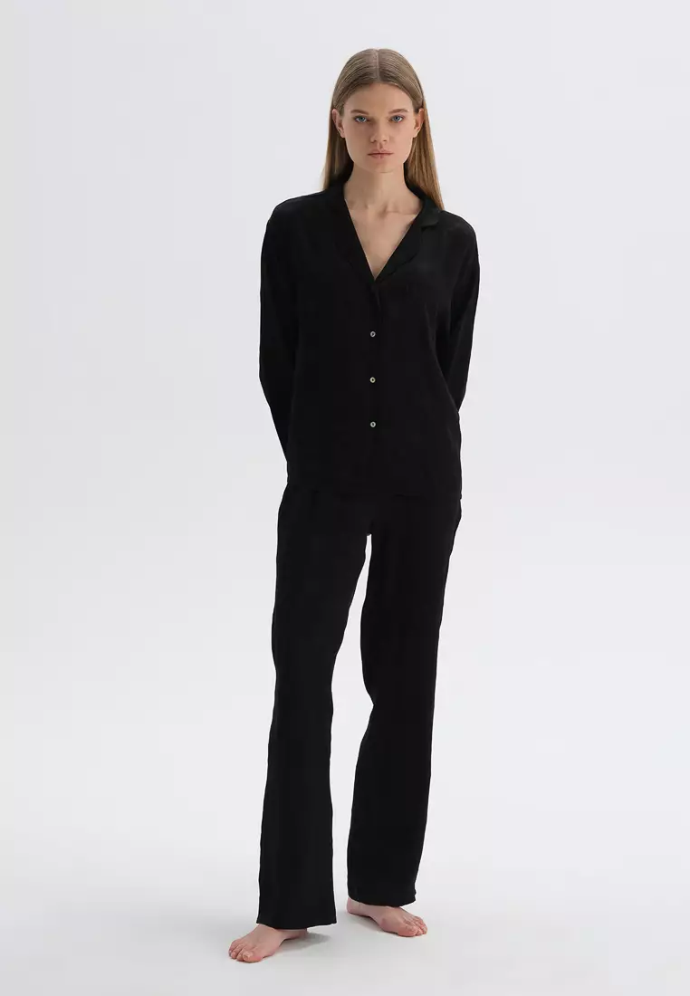 Black Pyjama Bottom, Floral, Regular Fit, Wide Cut, Homewear And Sleepwear for Women