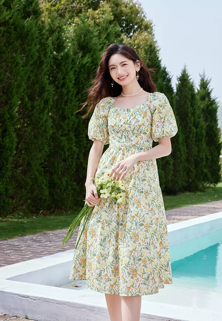 Puff Sleeve Square Neck Floral Summer Floral Dress