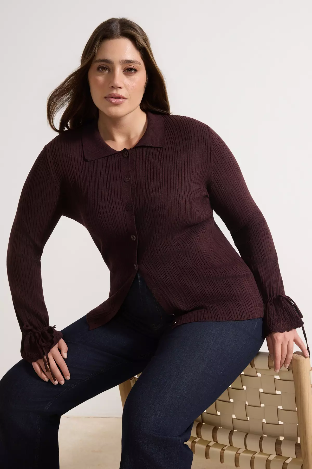Burgundy Mercerized Look Corded Fabric Polo Neck Knitwear Cardigan Tbbaw26Av00032