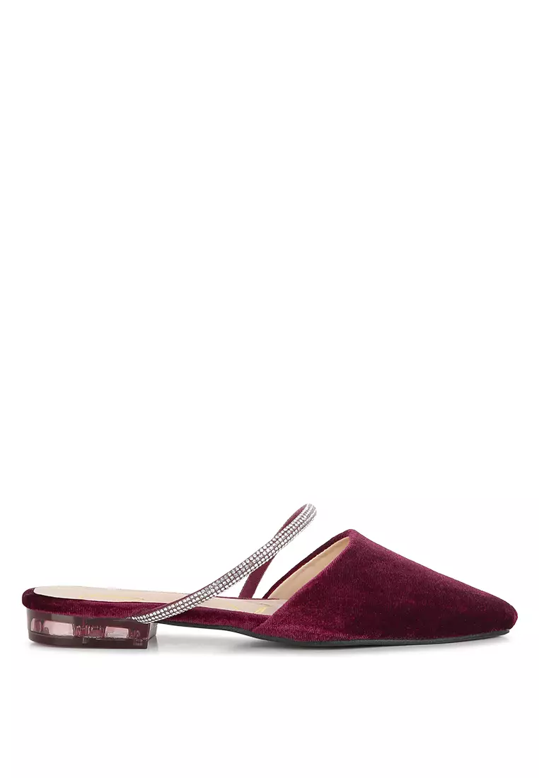 Buy London Rag Burgundy Velvet Diamante Detail Flat Mules 2024