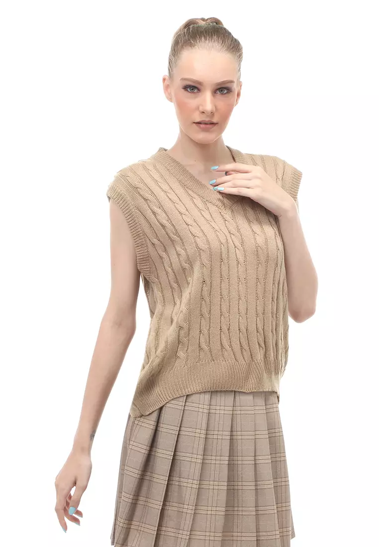 Urice Vest Rajut Atasan Wanita V-neck Sleeves Design Elegant- Khaki