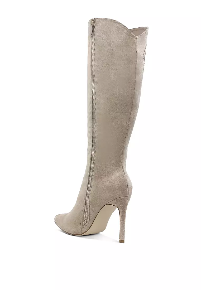 Rhinestone Patterned Calf Boots in Beige