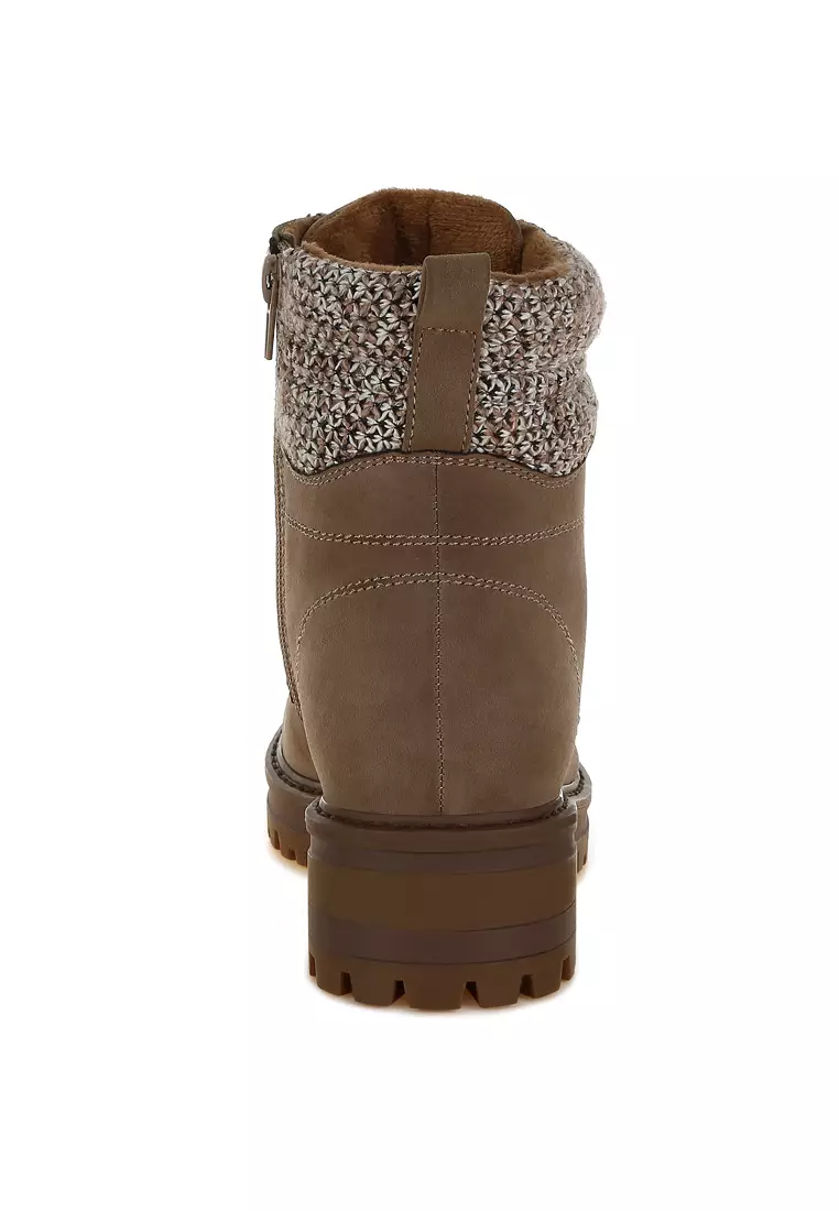 Knitted Collar Zip-Up Hiker Boots in Taupe