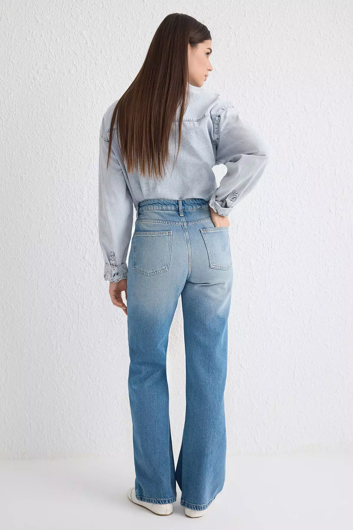 Blue Plain Wide Leg High Waist Denim Jeans