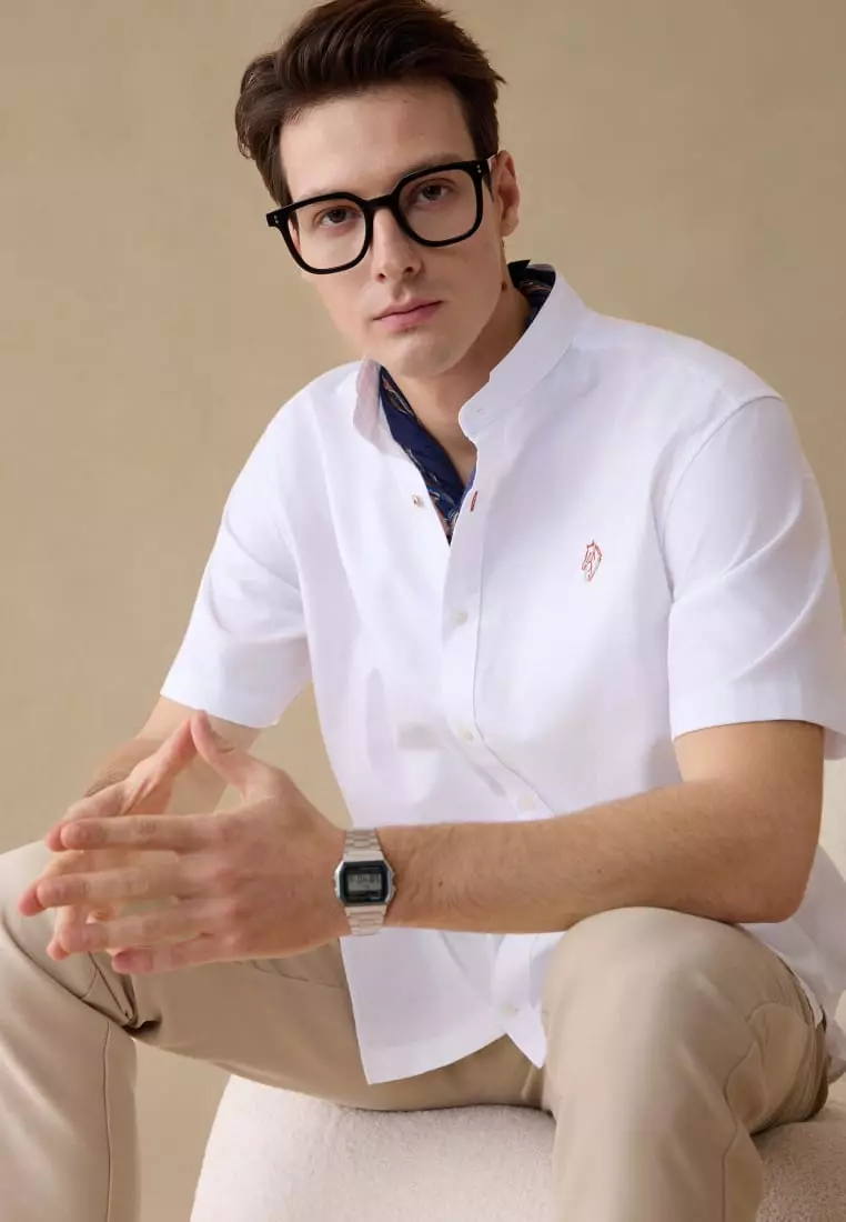 G2000 Wrinkle Free Oxford Stand Collar Smart Fit Short Sleeve Casual Shirt with Logo