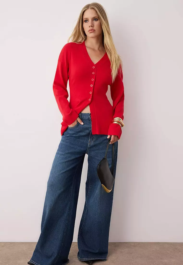 Red V Neck Mercerized Look Premium Yarn/Special Yarn Knitwear Cardigan