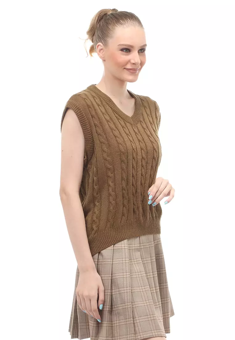 Urice Vest Rajut Atasan Wanita V-neck Sleeves Design Elegant - Bronze