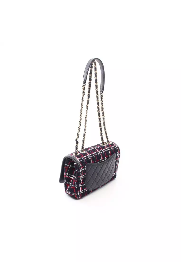 Chanel Tweed Matelasse Chain Double Flap Shoulder Bag in Black