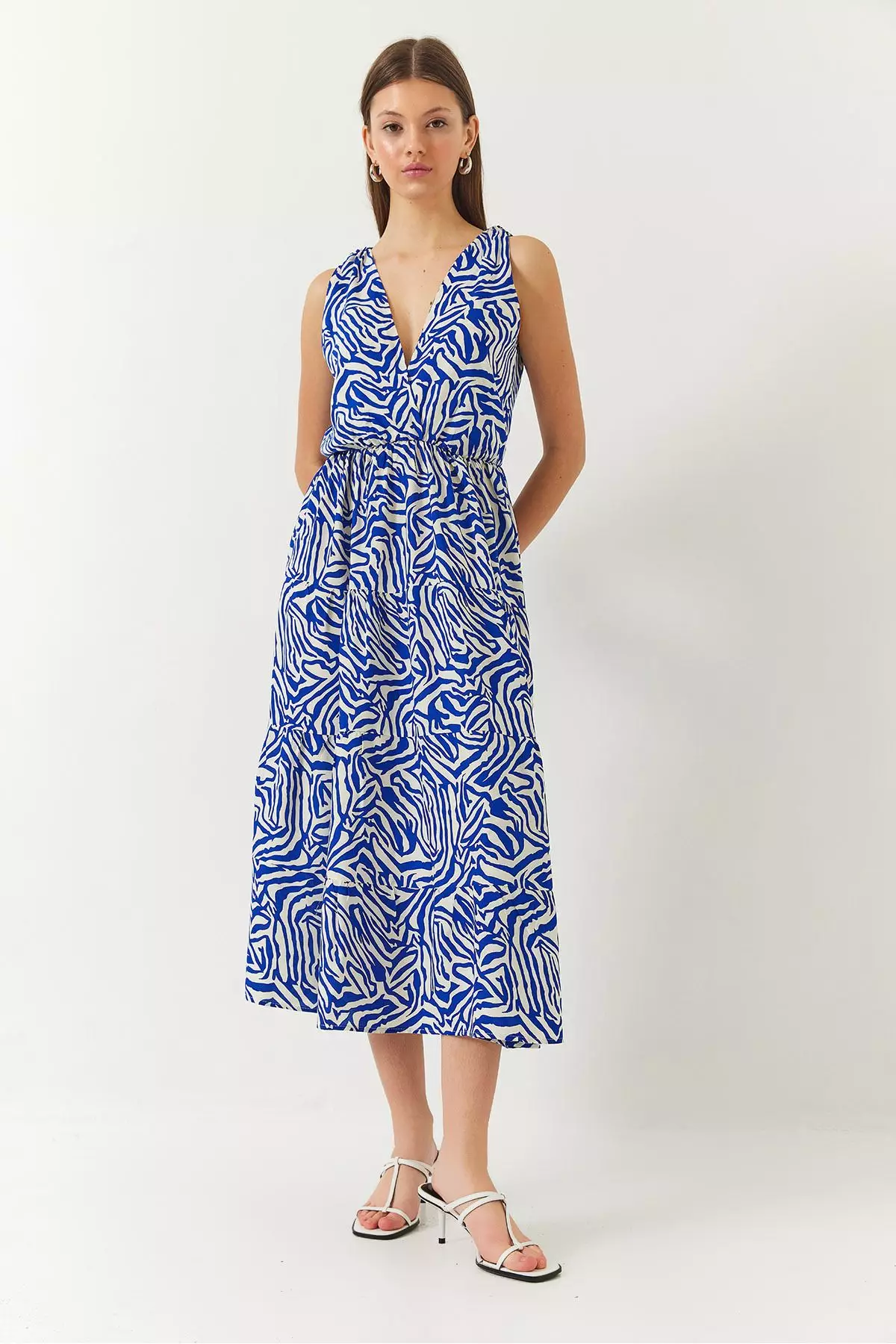 Women's Double Breasted Neckline Elastic Waist Back Rope Tie Print Dress 60261428