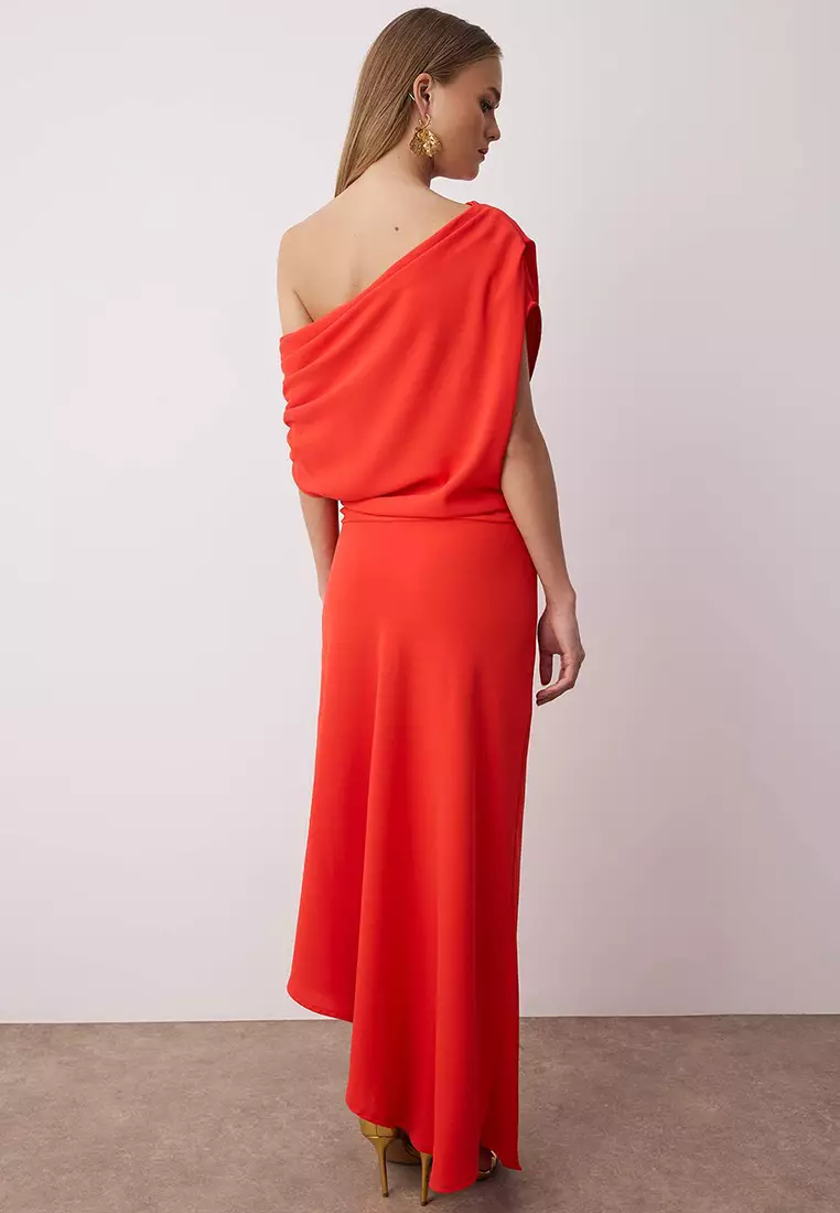 Red A Line Boat Neck Midi Stylish Dress