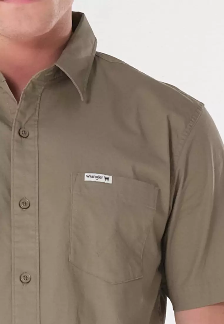 Button Down Short Sleeve Polo for Men in Fatigue Color