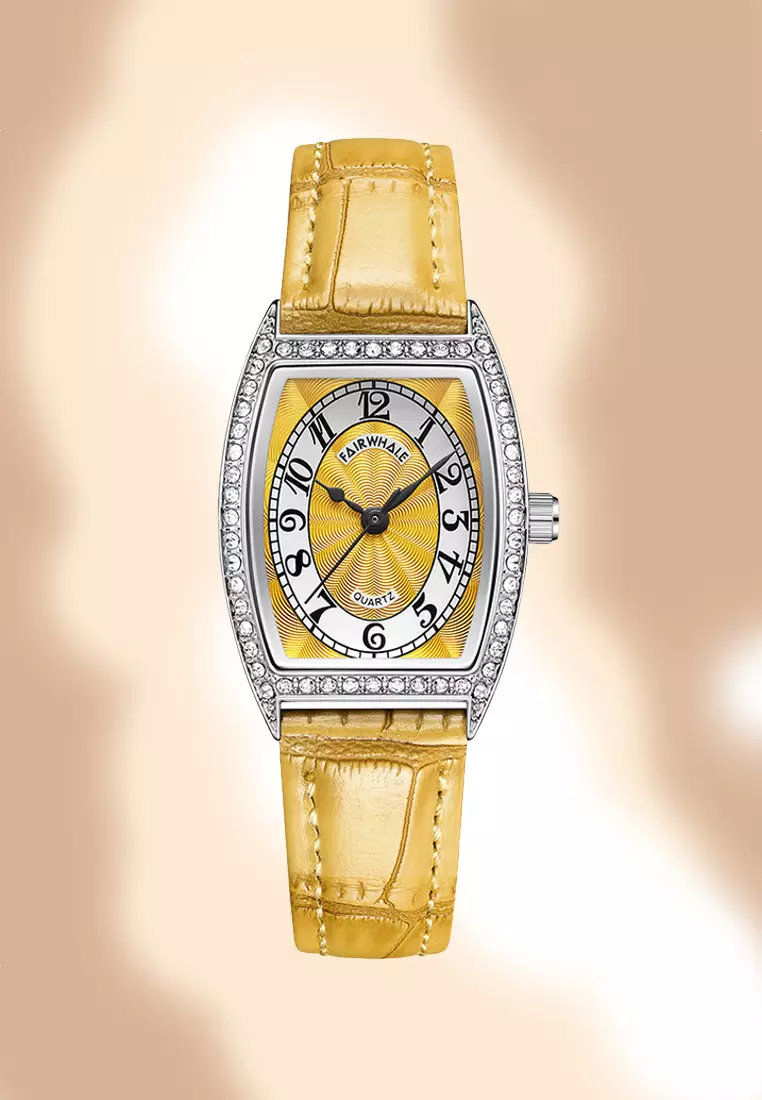 Ladies Barrel Shape Stainless Steel Quartz Watch, Leather Strap