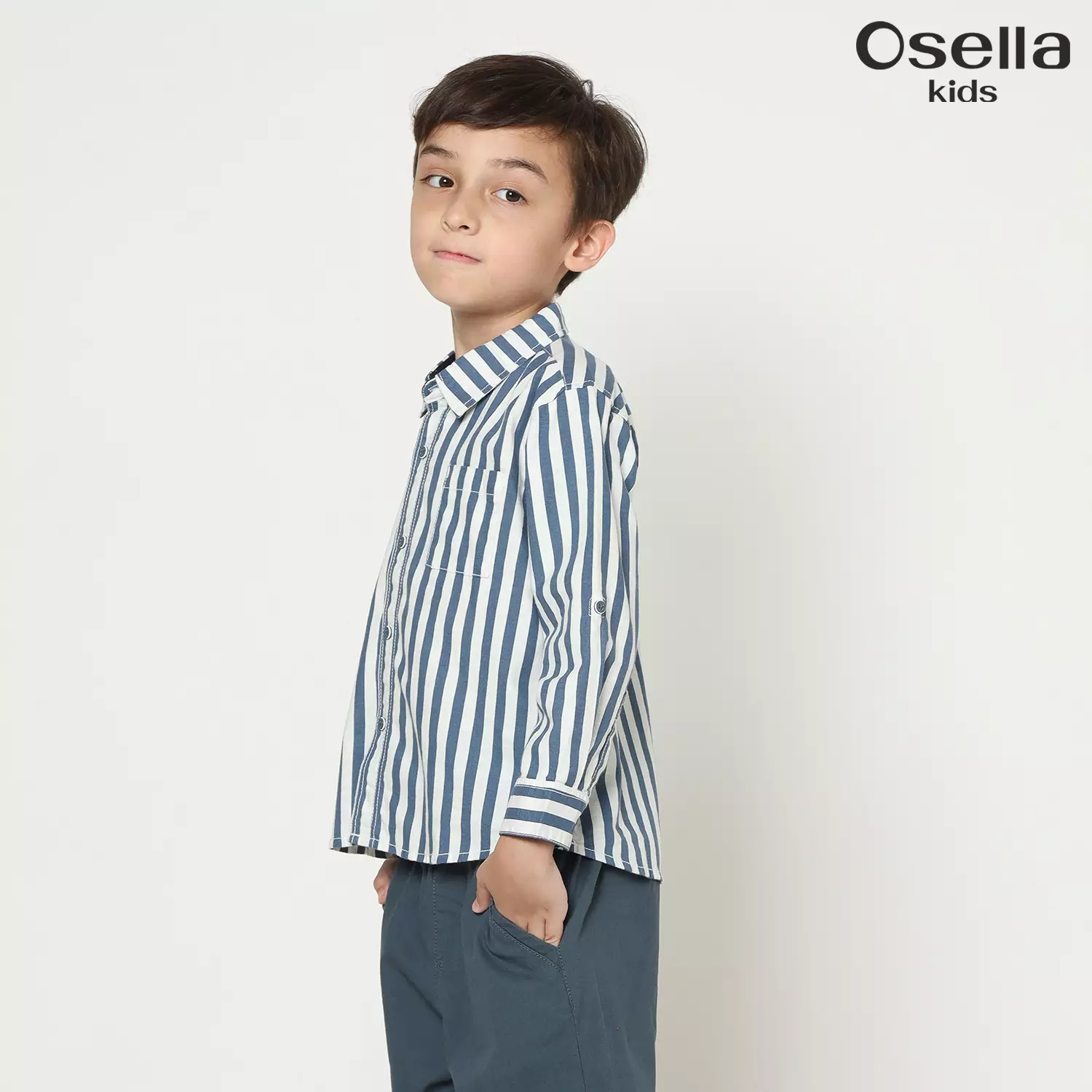 Osella Enzo Stripe Regular Fit Shirt In Blue 2237500736 | Kemeja Garis Garis Lengan Panjang Anak LakI Laki