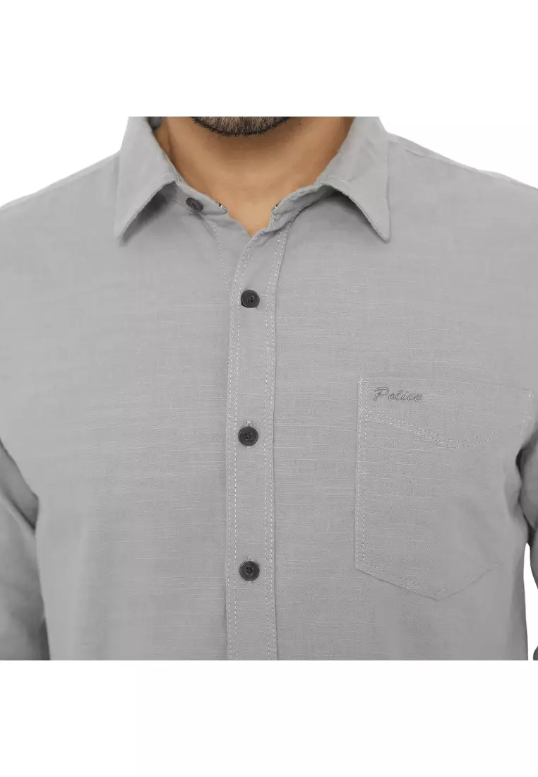POLICE Kemeja Polos Cotton Slub Light Grey Regular Fit Lengan Panjang Pria