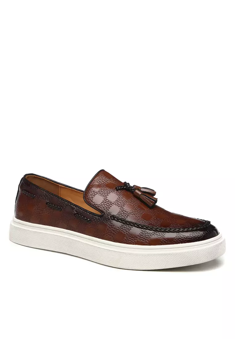 Checkered Pattern Synthetic Leather Tassel Loafers WZWH-S11