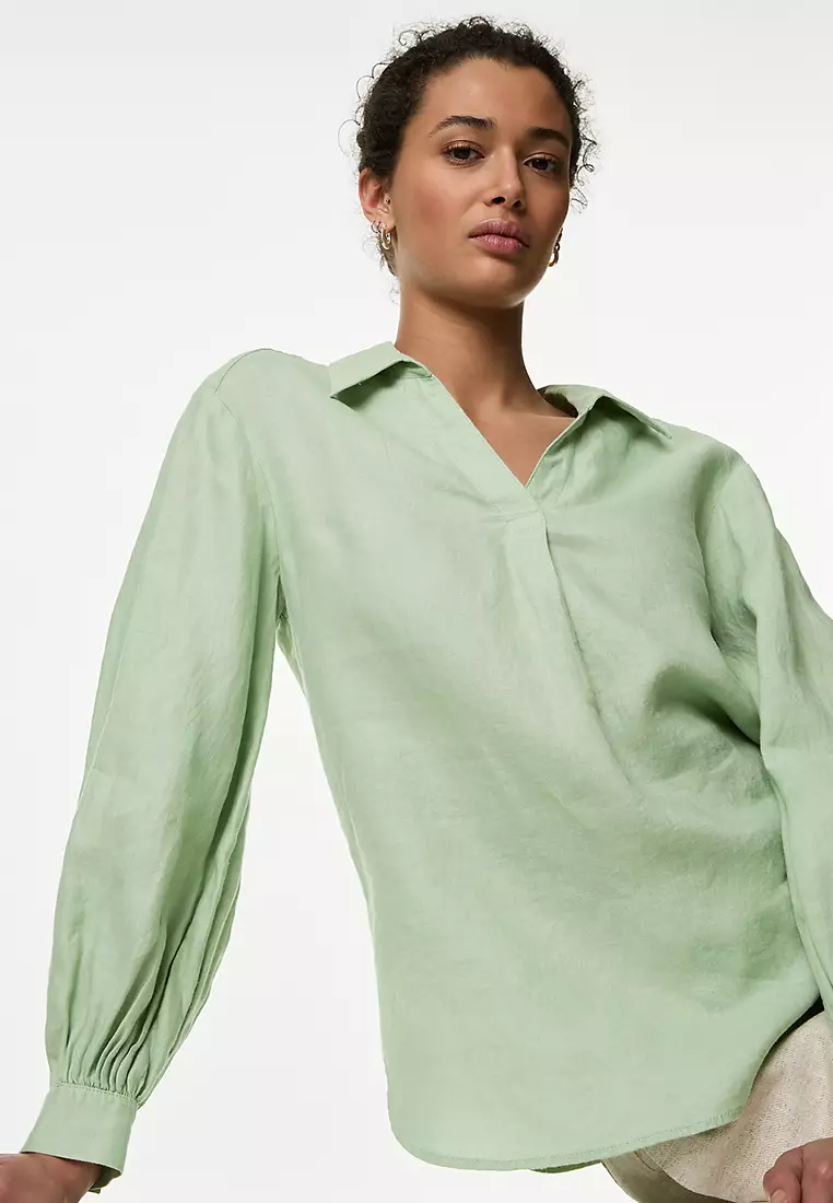Pure Linen Collared Popover Blouse