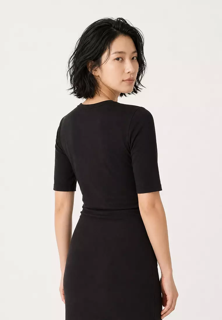 Bodycon Body Hugging Crew Neck Basic Plain Rib Short Sleeve Midi Dress E6003Ax25Sp