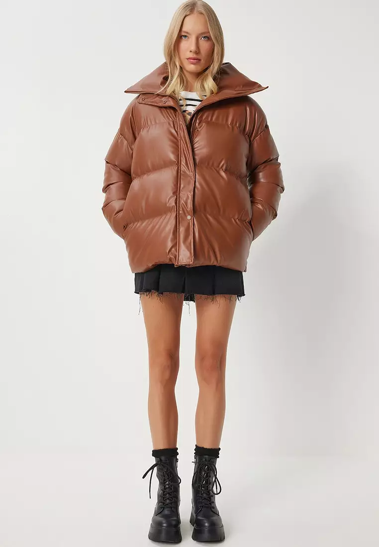 Stand Collar Faux Leather Puffer Coat